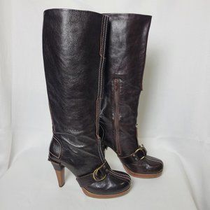Women’s Brown Leather Heel Knee Boots By Harlot Size 7US Made In Portugal EU 38